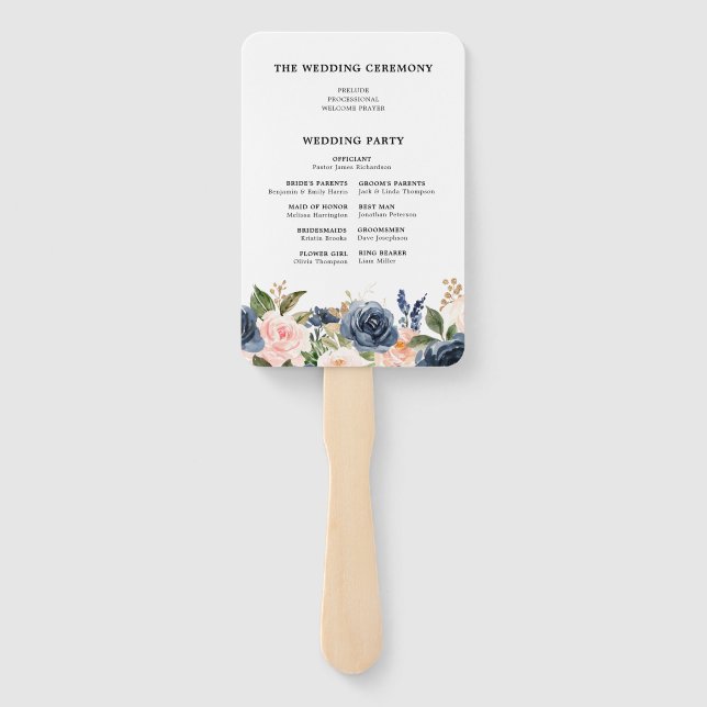 Navy Blue Blue Blush Pink Rose Botanical Hand Fan (Back)