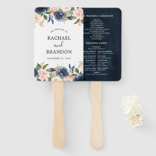 Navy Blue Blue Blush Pink Rose Botanical Hand Fan