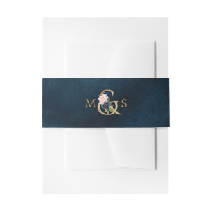 Navy Blue Blue Blush Pink Rose Botanical Invitation Belly Band