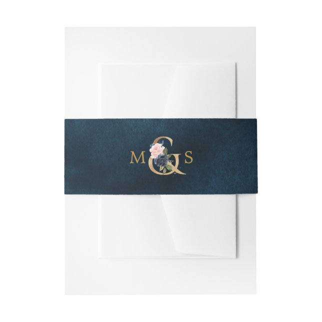 Navy Blue Blue Blush Pink Rose Botanical Invitation Belly Band (Front Example)