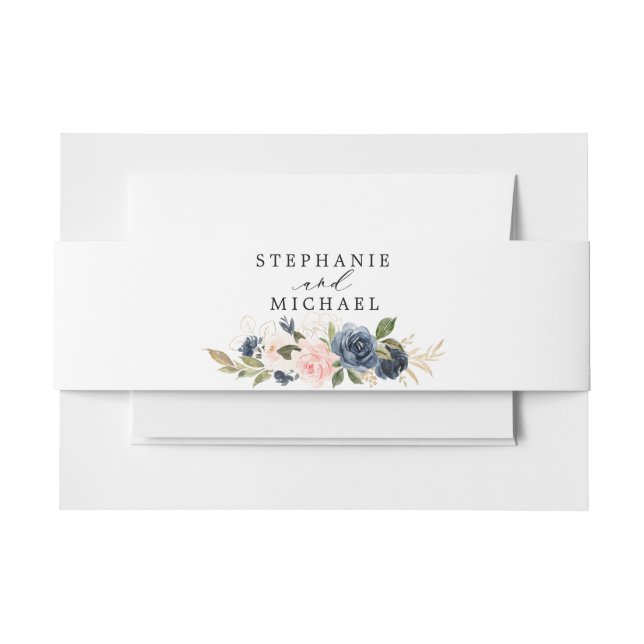 Navy Blue Blue Blush Pink Rose Botanical Invitation Belly Band (Front Example)