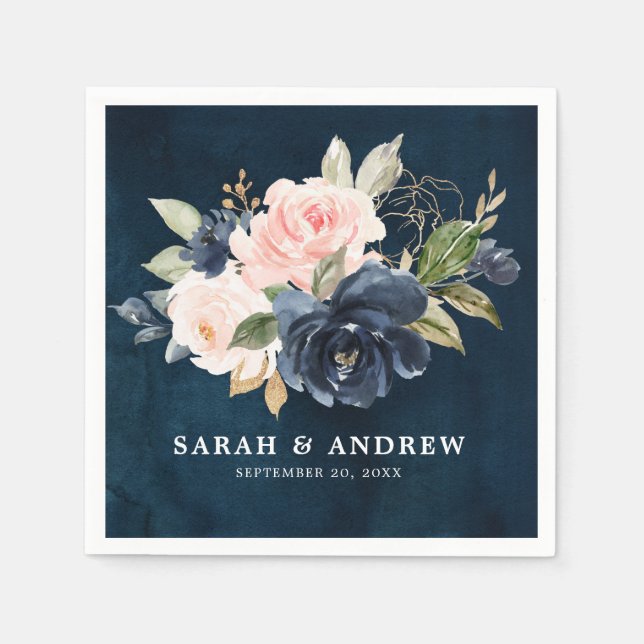 Navy Blue Blue Blush Pink Rose Botanical Napkin (Front)