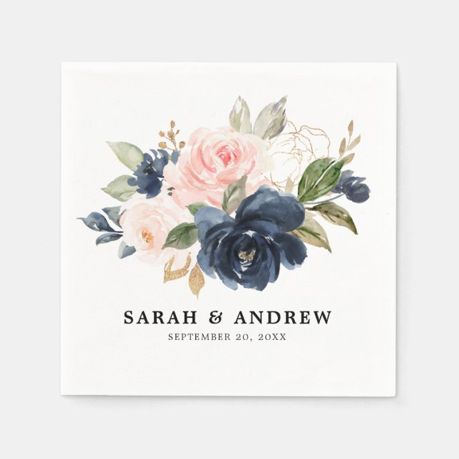 Navy Blue Blue Blush Pink Rose Botanical Napkin (Front)
