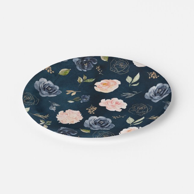 Navy Blue Blue Blush Pink Rose Botanical Wedding Paper Plate (Angled)