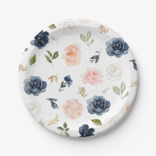Navy Blue Blue Blush Pink Rose Botanical Wedding Paper Plate