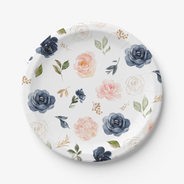 Navy Blue Blue Blush Pink Rose Botanical Wedding Paper Plate (Front)