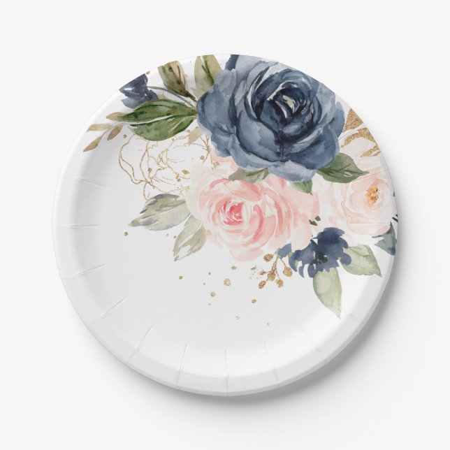 Navy Blue Blue Blush Pink Rose Botanical Wedding Paper Plate (Front)