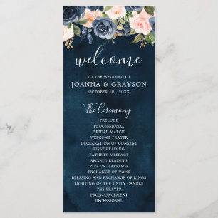 Navy Blue Blue Blush Pink Rose Botanical Wedding Programme