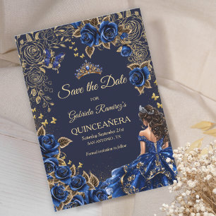 Navy Blue Blue Golden Tiara  Roses Quinceañera Save The Date