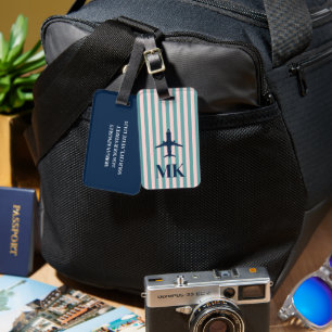 Navy Blue Blush Aeroplane Striped Monogrammed Luggage Tag