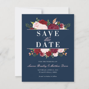 Navy Blue, Blush, and Burgundy Floral Watercolor Save The Date