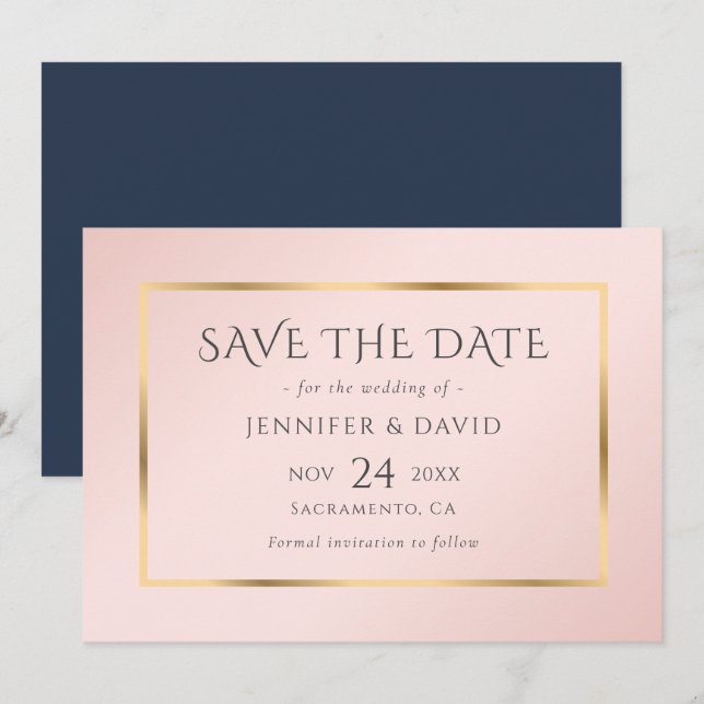 Navy Blue Blush and Gold Wedding Save The Date (Front/Back)
