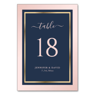 Navy Blue Blush and Gold Wedding Table Number