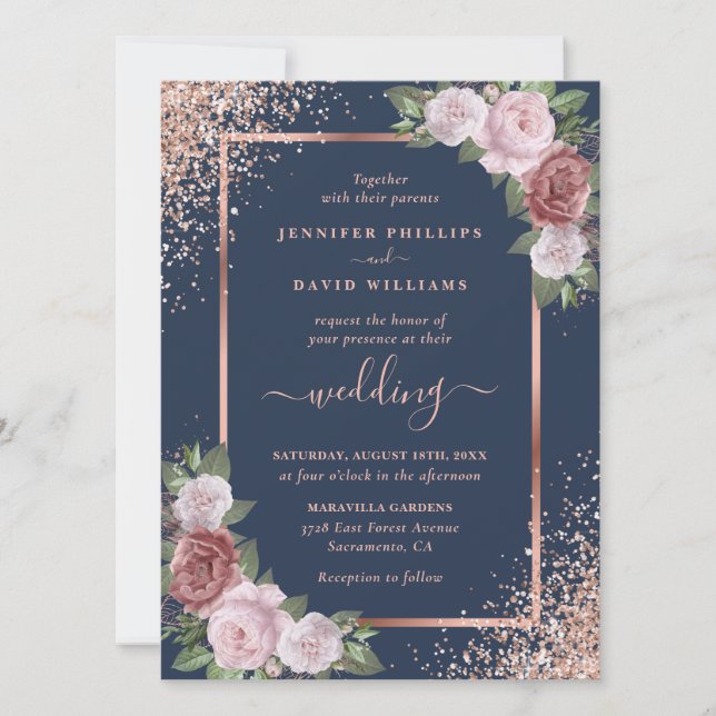 Navy Blue Blush and Rose Gold Glitter Wedding Invitation (Front)