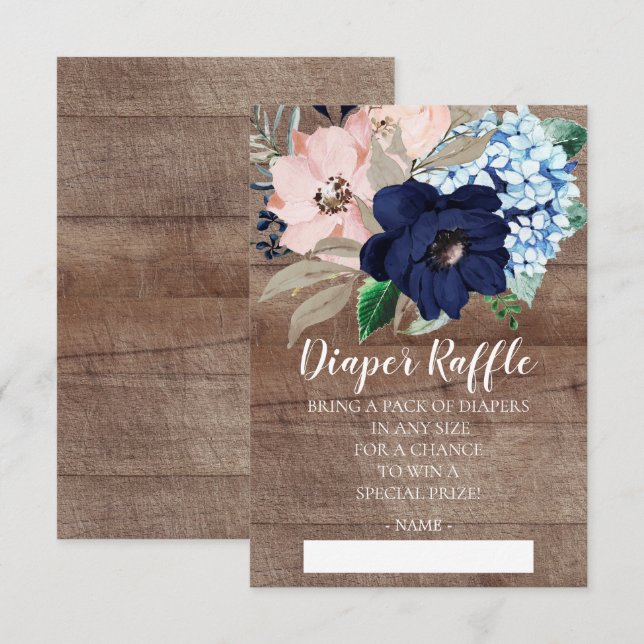 Navy Blue & Blush Baby Shower Diaper Raffle Ticket Invitation (Front/Back)
