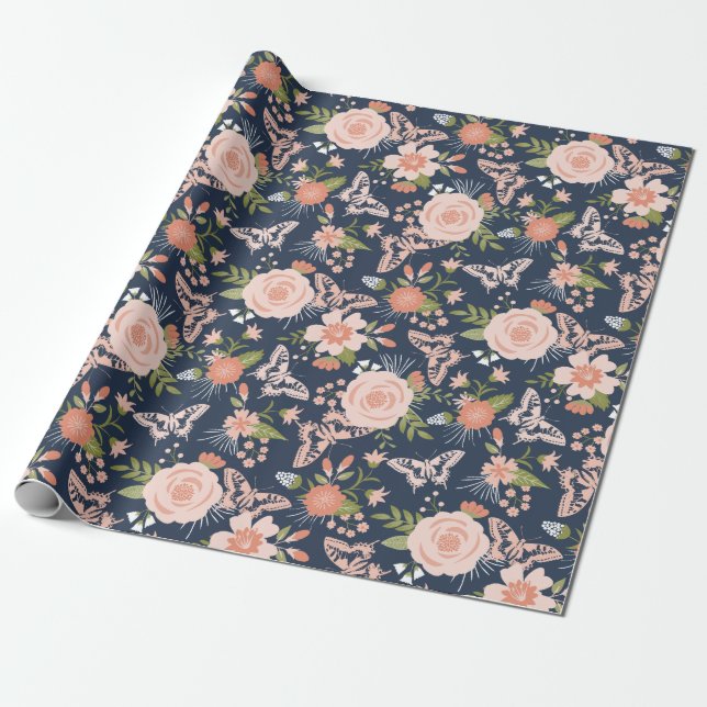 Navy Blue & Blush Botanical Floral Wrapping Paper (Unrolled)