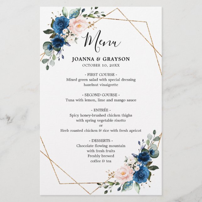Navy Blue Blush Botanical Geometric Wedding Menu (Front)