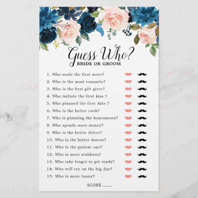 Navy Blue Blush Bridal Shower Game Guess Who (Front)