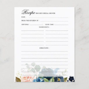 Navy Blue Blush Bridal Shower Recipe card