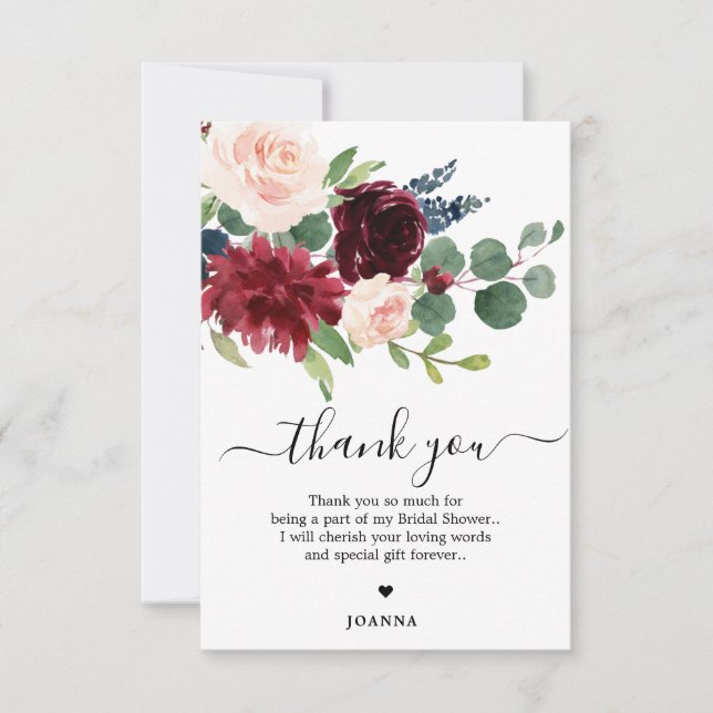 Navy Blue Blush Burgundy Floral Bridal Shower Thank You Card (Front)