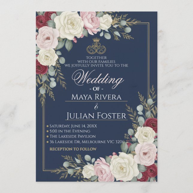 Navy Blue Blush Burgundy Floral Gold Frame Wedding Invitation (Front)