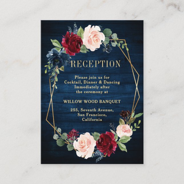 Navy Blue Blush Burgundy Gold Geometric Reception Enclosure Card (Front)