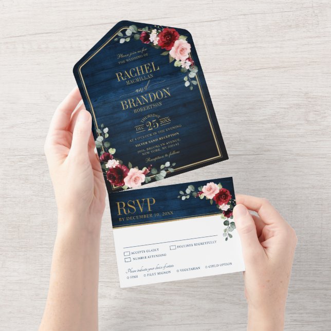 Navy Blue Blush Burgundy Gold Geometric Wedding Al All In One Invitation (Tearaway)