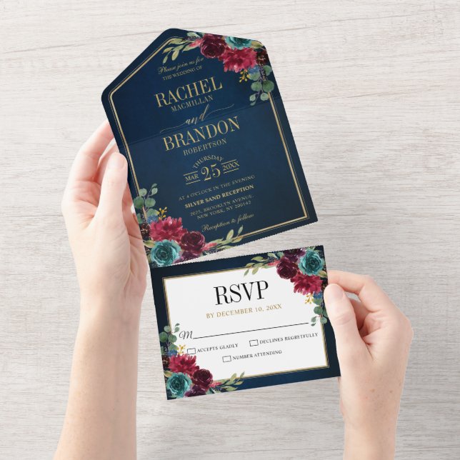 Navy Blue Blush Burgundy Gold Geometric Wedding All In One Invitation (Tearaway)