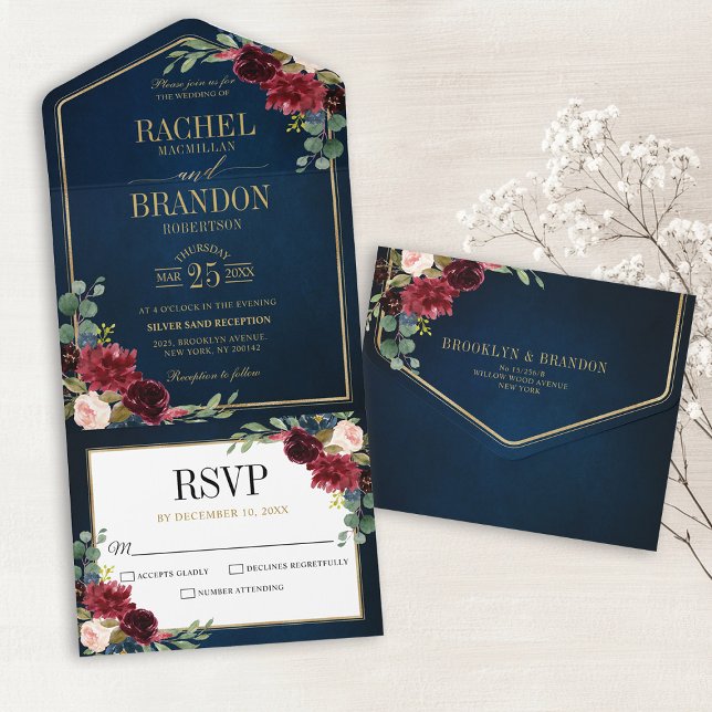 Navy Blue Blush Burgundy Gold Geometric Wedding All In One Invitation (Burgundy Red Floral Gold Navy Blue Rustic Wedding Invitation)
