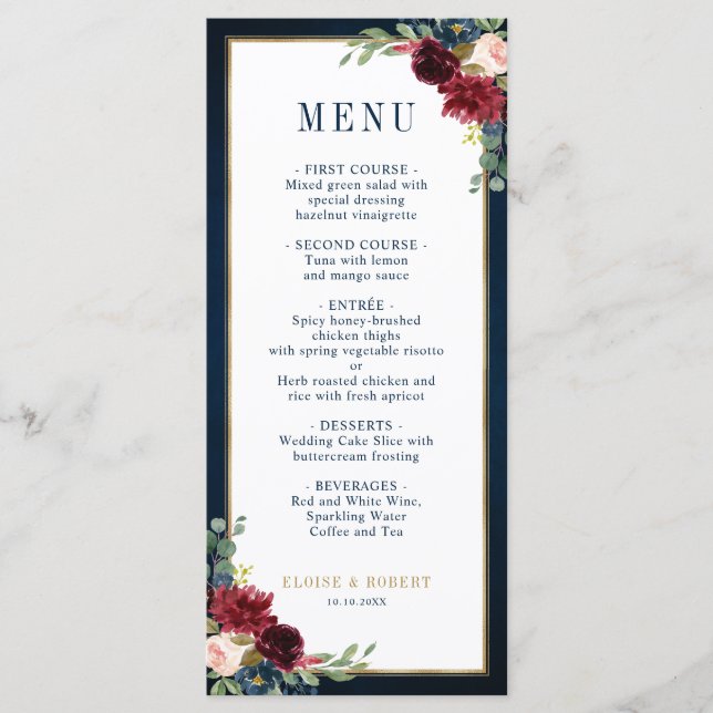 Navy Blue Blush Burgundy Gold Geometric Wedding Menu (Front)