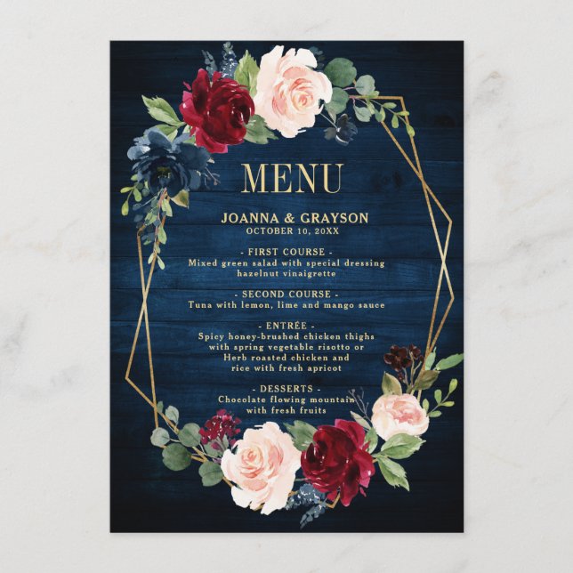 Navy Blue Blush Burgundy Gold Geometric Wedding Menu (Front)