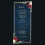 Navy Blue Blush Burgundy Gold Geometric Wedding Menu<br><div class="desc">Dark navy blue burgundy floral geometric wedding menu featuring elegant bouquet of navy blue, royal blue , white , blush, burgundy, marsala rose and sage green eucalyptus leaves and elegant gold glitter geometric neutral frame. Please contact me for any help in customisation or if you need any other product with...</div>