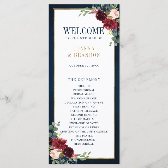 Navy Blue Blush Burgundy Gold Geometric Wedding Programme (Front)