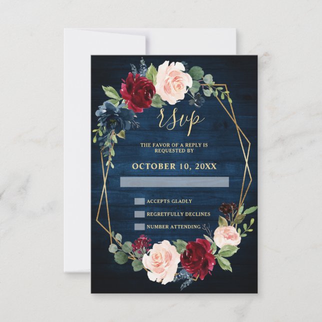 Navy Blue Blush Burgundy Gold Geometric Wedding RSVP Card (Front)