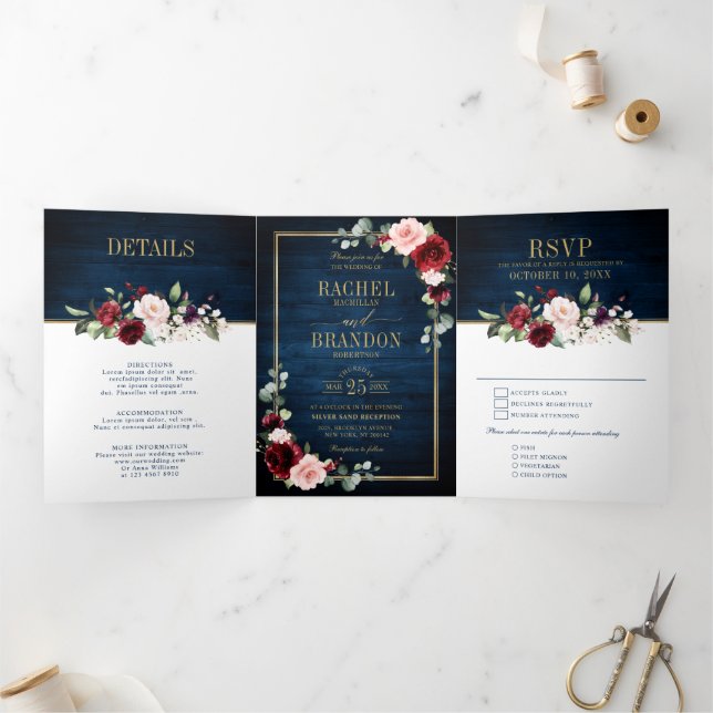 Navy Blue Blush Burgundy Gold Geometric Wedding Tr Tri-Fold Announcement (Inside)