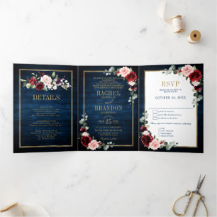 Navy Blue Blush Burgundy Gold Geometric Wedding Tr Tri-Fold Announcement