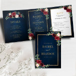 Navy Blue Blush Burgundy Gold Geometric Wedding Tr Tri-Fold Announcement<br><div class="desc">Dark navy blue burgundy floral geometric wedding Invitation featuring elegant bouquet of navy blue, royal blue , white , blush, burgundy, marsala rose and sage green eucalyptus leaves and elegant gold glitter geometric neutral frame. Please contact me for any help in customisation or if you need any other product with...</div>