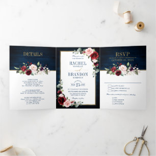 Navy Blue Blush Burgundy Gold Geometric Wedding Tr Tri-Fold Announcement
