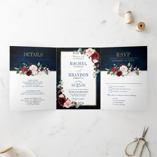 Navy Blue Blush Burgundy Gold Geometric Wedding Tr Tri-Fold Announcement (Inside)