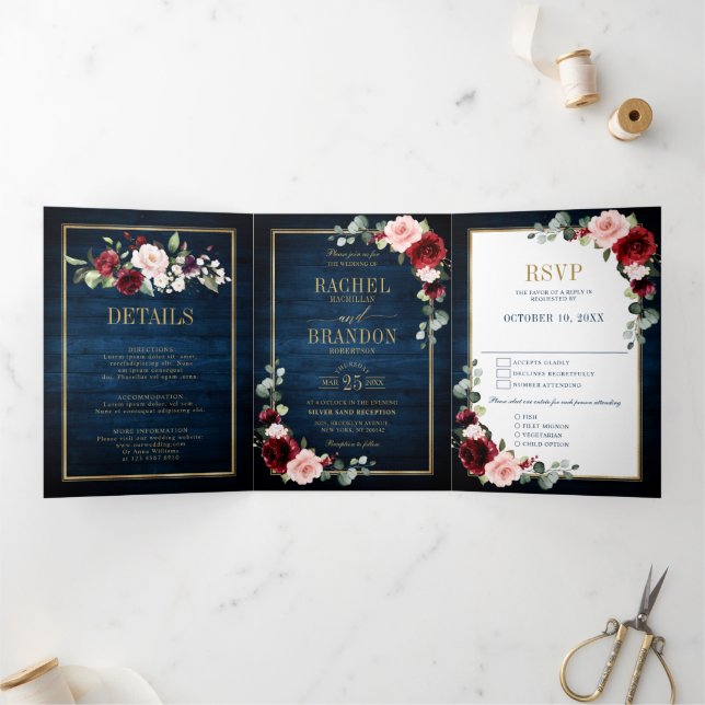 Navy Blue Blush Burgundy Gold Geometric Wedding Tr Tri-Fold Announcement (Inside)