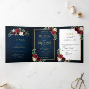 Navy Blue Blush Burgundy Gold Geometric Wedding Tri-Fold Announcement