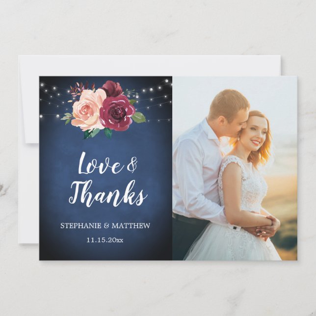 Navy Blue Blush Burgundy Rose Lights Photo Wedding Thank You Card (Front)