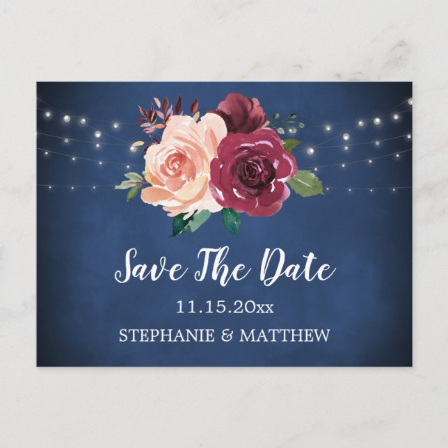 Navy Blue Blush Burgundy Rose Lights Save The Date Announcement Postcard (Front)