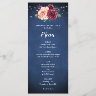 Navy Blue Blush Burgundy Rose Lights Wedding Menu