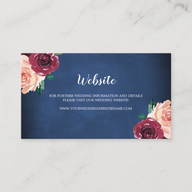Navy Blue Blush Burgundy Rose Wedding Website Card (Front)