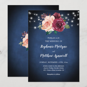 Navy Blue Blush Burgundy Roses Lights Wedding Invitation