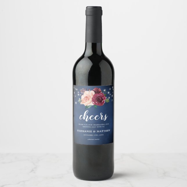 Navy Blue Blush Burgundy Roses Lights Wedding Wine Label (Front)