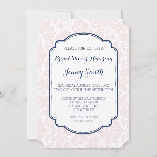 Navy Blue Blush Damask Bridal Shower Invitation (Back)