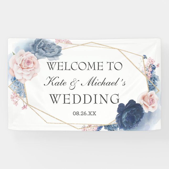 Navy Blue Blush Dusty Floral Gold Frame Wedding Banner (Horizontal)
