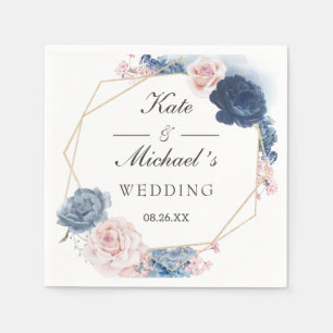 Navy Blue Blush Dusty Floral Gold Frame Wedding Napkin